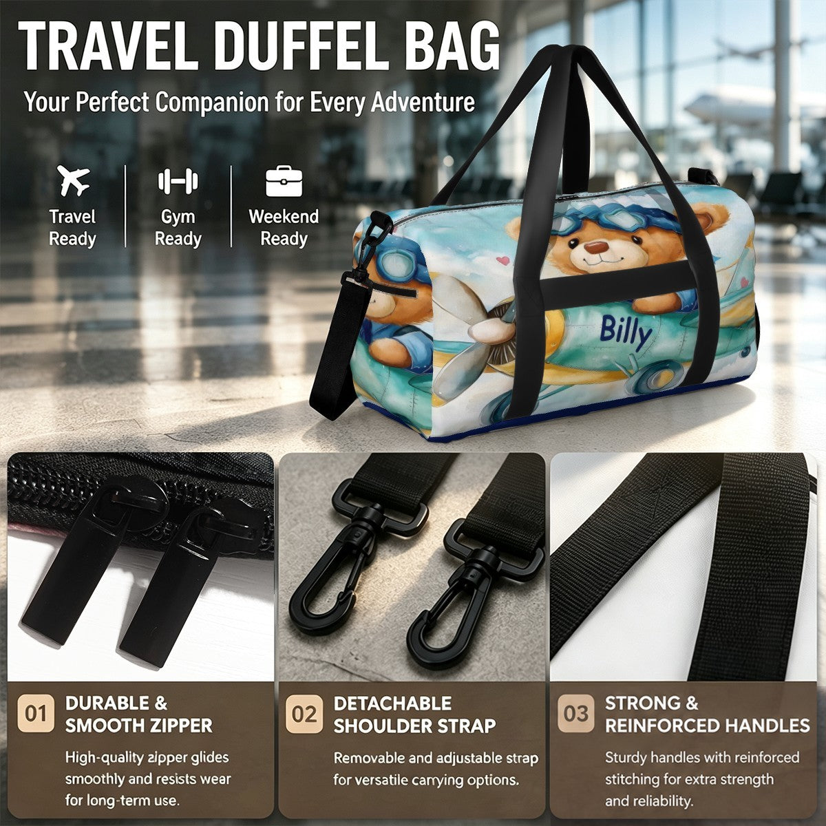 Blue teddy bear travel duffel bag with black reinforced handles and detachable strap.