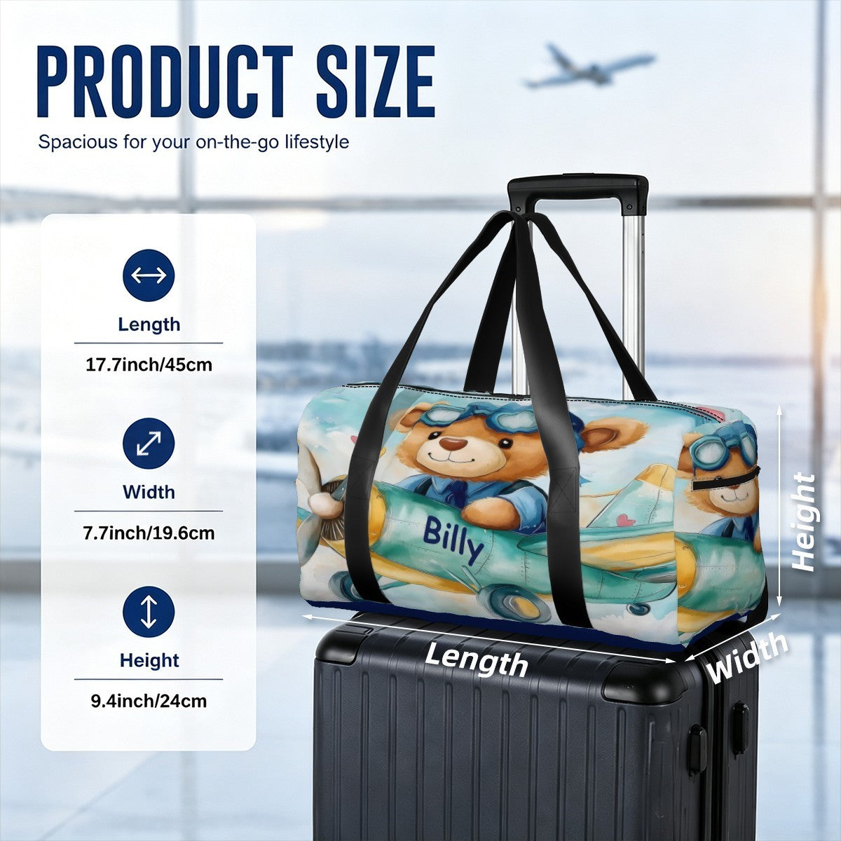 Blue teddy bear duffel bag with black straps, displayed with travel suitcase for sizing.