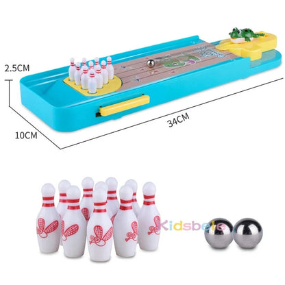 Mini bowling game set with blue tray, ten red-and-white pins, and two metal balls