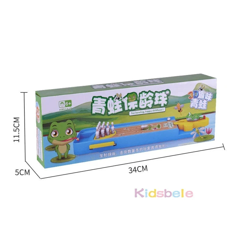 Frog-themed mini desktop bowling game retail box with blue playset artwork