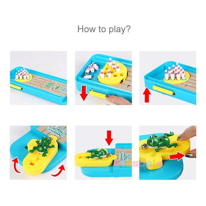 Toy desktop bowling game step guide showing frog launcher and moving pins and ball