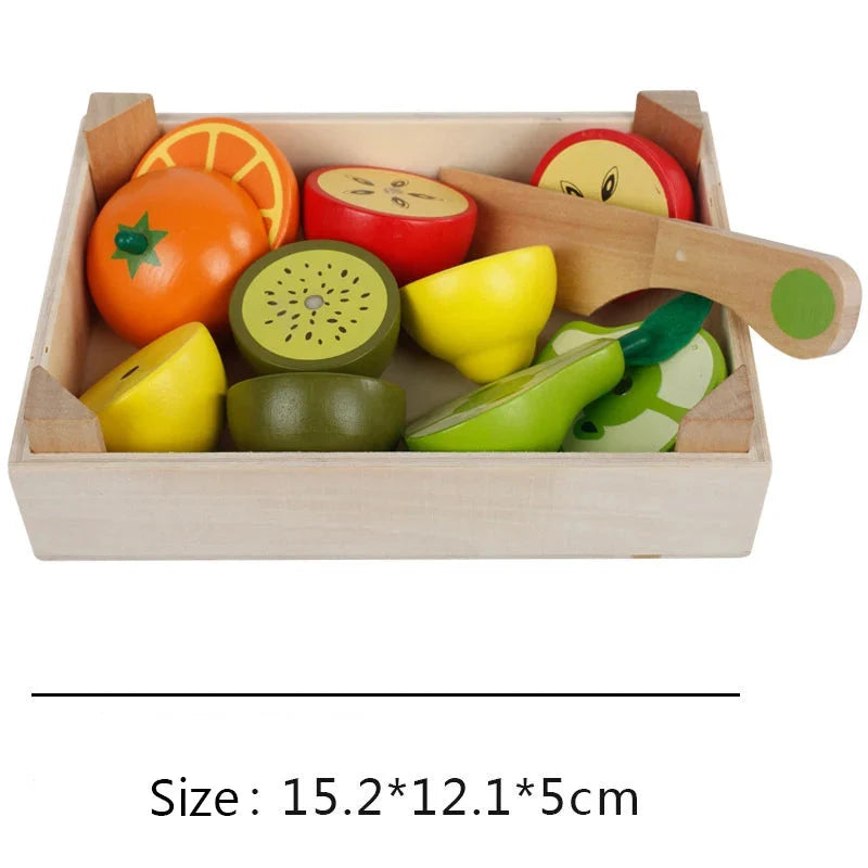 Wooden pretend fruit and veggie cutting toy tray with colorful pieces and wooden cutting tool