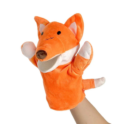 Orange fox finger story puppet toy with soft ears, gray belly, and stitched smile.