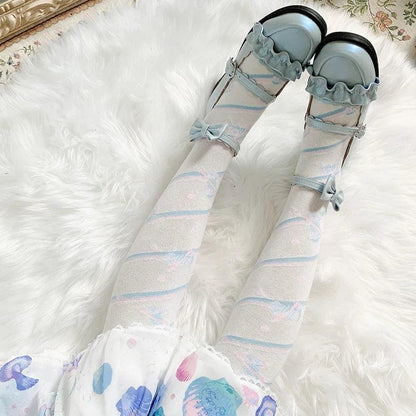 Knee-high socks with pastel blue-and-pink striped pattern on white base