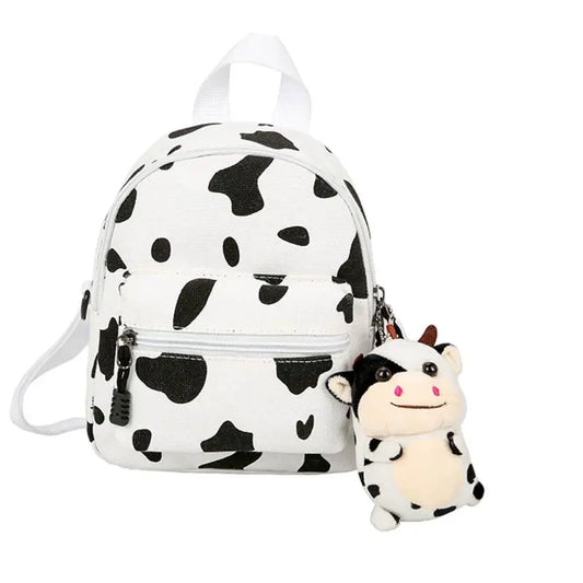Kawaii Cow Print Mini Backpack – Cute Black & White Canvas Bag | Animal Print Accessory