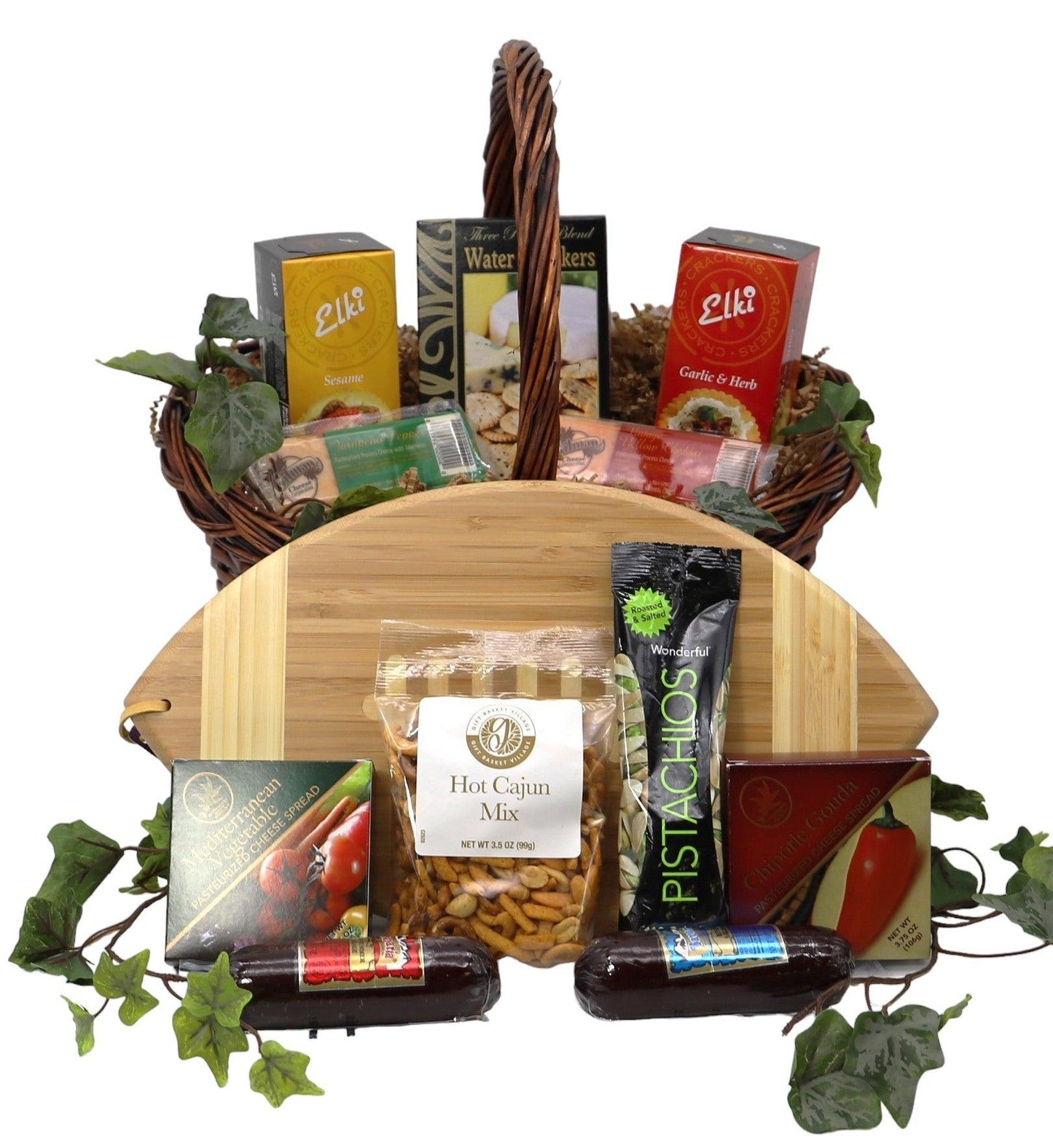 Gift basket with woven basket, wooden insert, assorted snack packs and sausage sticks