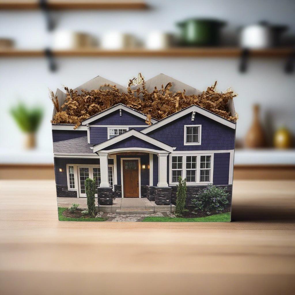 House-shaped gift basket container on tabletop with dried filling