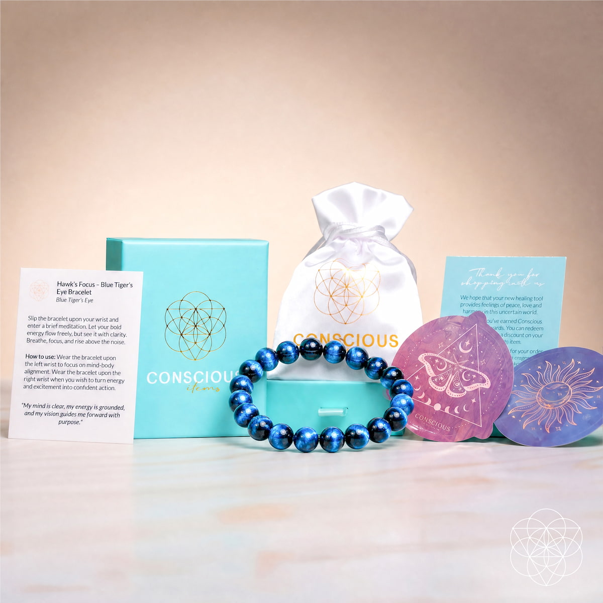 Blue tiger’s eye beaded bracelet with gift boxes and fabric pouch