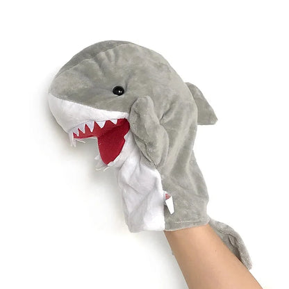 Shark finger story puppet toy, gray plush with red open mouth and white teeth.