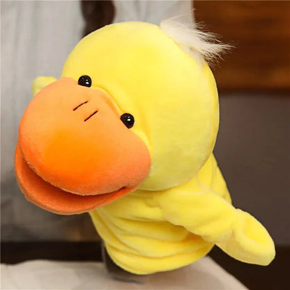 Duck finger story puppet toy with yellow plush face, orange beak, and cute eyes.