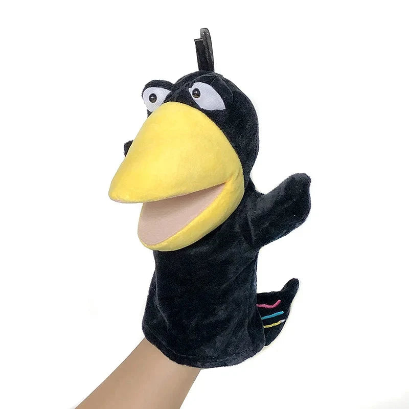 Black and yellow bird finger puppet plush with beak and raised wings