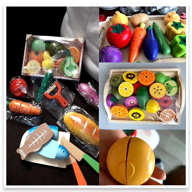 Pretend wooden fruit and vegetable cutting set shown in clear packaging and tray