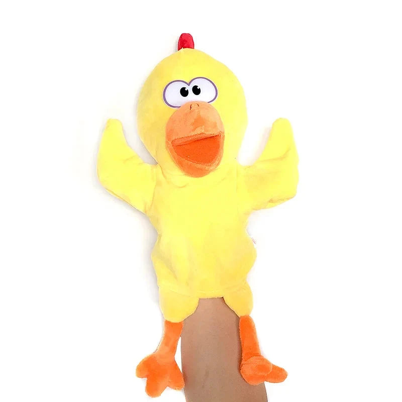 Duck finger story puppet toy, yellow plush with orange beak and red crest.