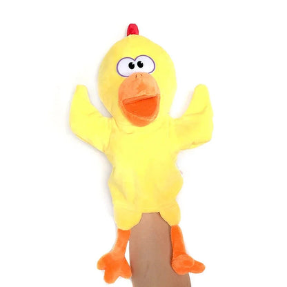 Duck finger story puppet toy, yellow plush with orange beak and red crest.
