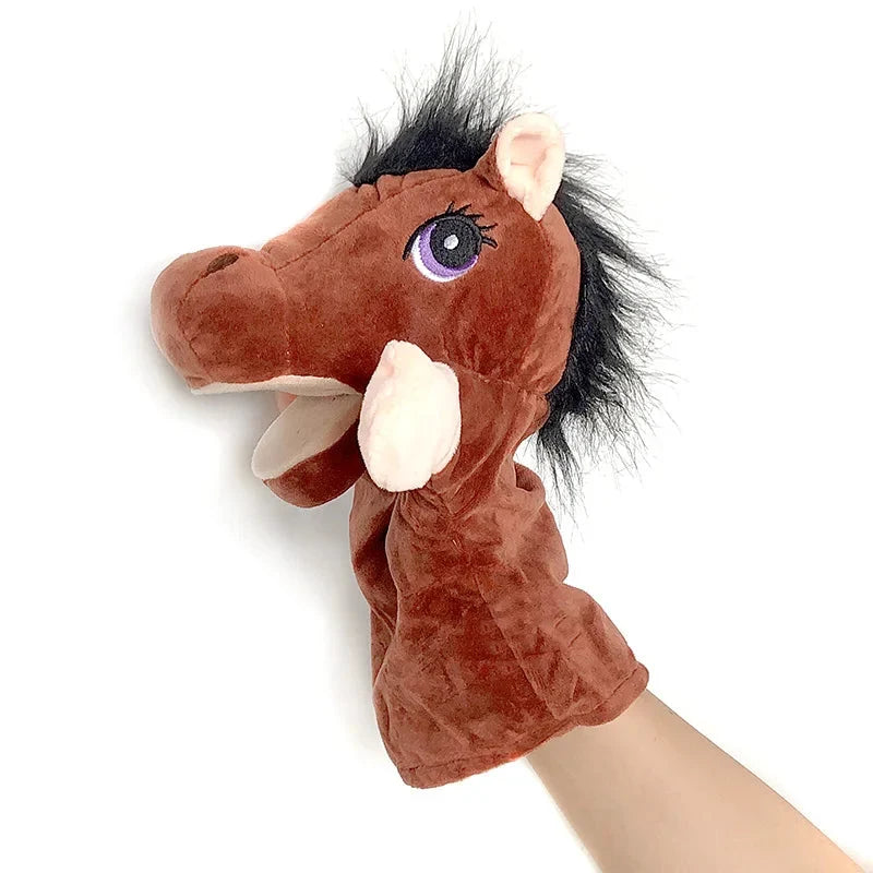 Brown horse finger puppet plush with black mane and large purple-tinted eye