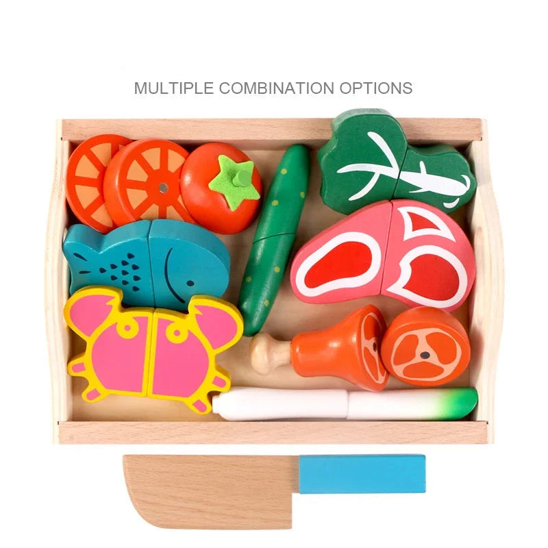 Wooden pretend fruit and vegetable cutting tray with assorted pieces and pull-out drawer