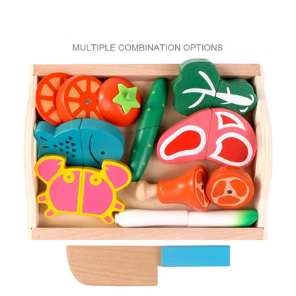 Wooden pretend fruit and vegetable cutting tray with assorted pieces and pull-out drawer