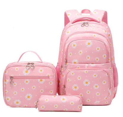 Pink daisy school backpack set with matching lunch bag and zip pouch