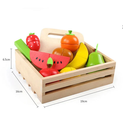 Wooden fruit and veggie cutting toy crate with handle, assorted colorful pieces