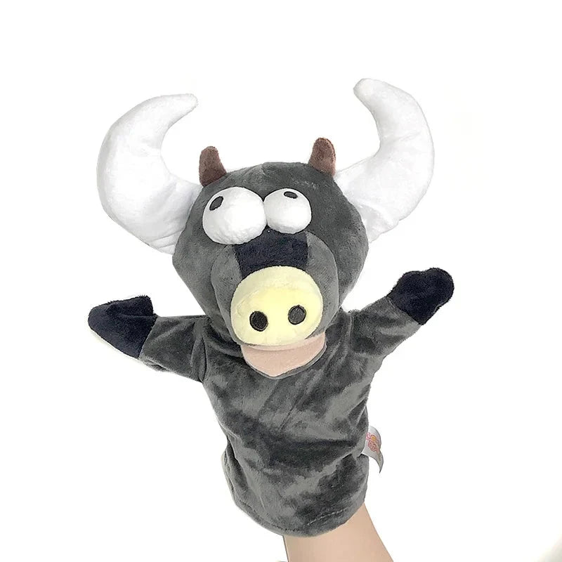 Cattle finger story puppet toy in dark gray plush with white muzzle and big ears.
