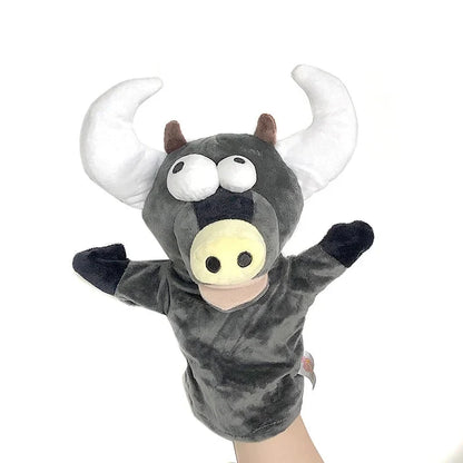 Cattle finger story puppet toy in dark gray plush with white muzzle and big ears.