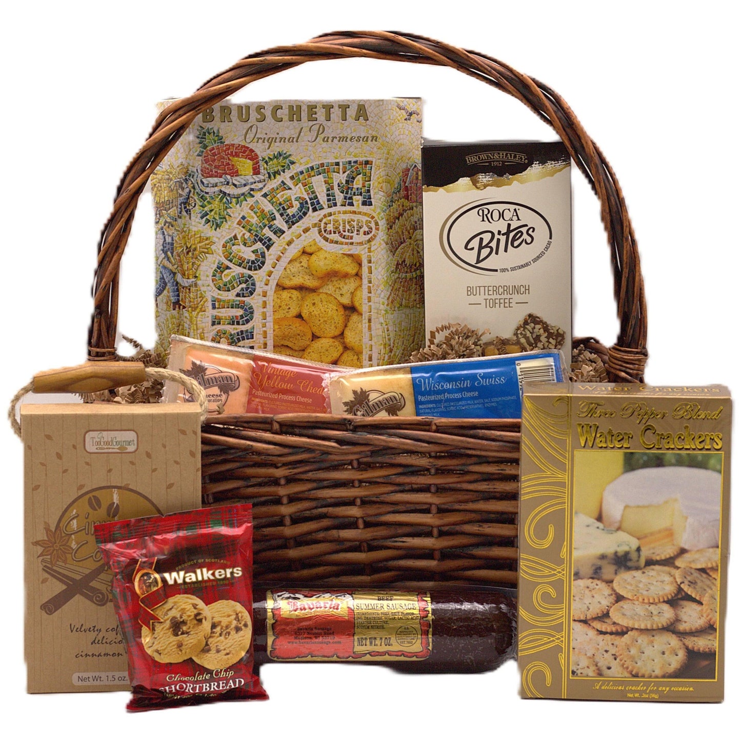 Wicker gift basket with assorted packaged snacks and cookies