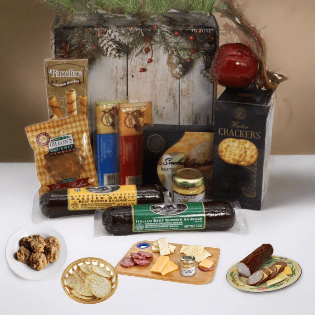 Deluxe holiday gift box with assorted gourmet snacks and crackers on display