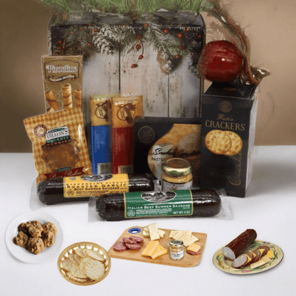 Deluxe holiday gift box with assorted gourmet snacks and crackers on display