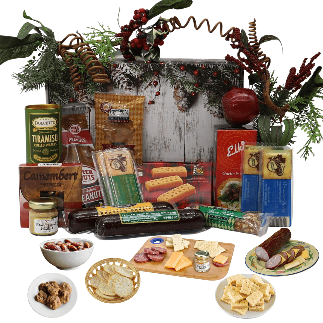 Holiday gift box with assorted snacks and cheese, festive wreath lid