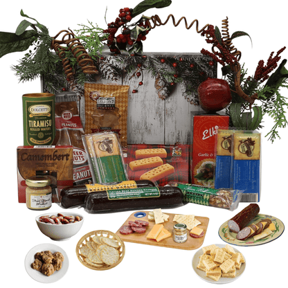 Holiday gift box with assorted snacks and cheese, festive wreath lid