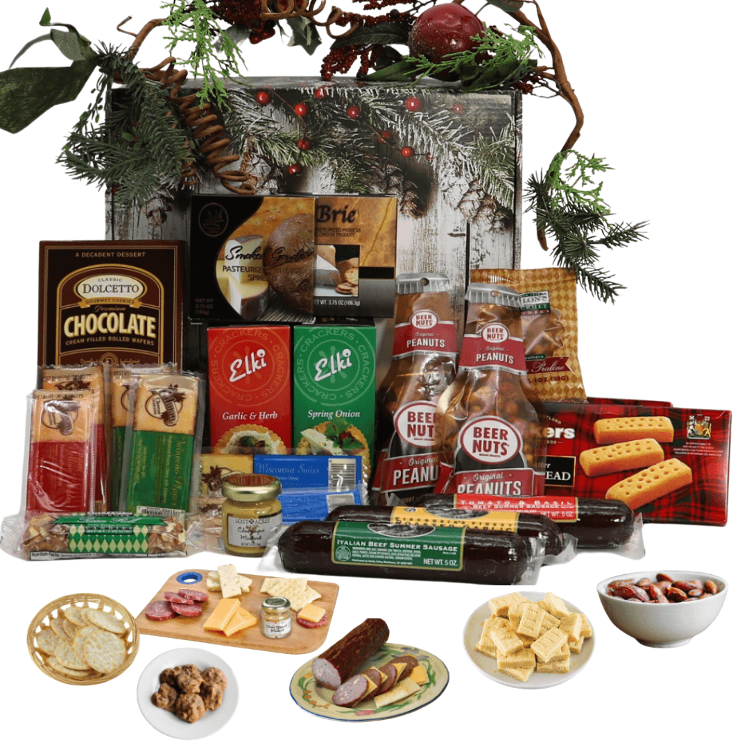 Holiday snack gift box with assorted treats: chocolate, crackers, cheese, nuts and sausage
