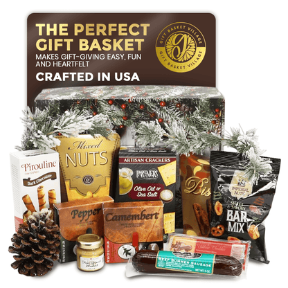 Holiday gourmet gift box with pine and holly printed lid, filled with assorted snacks