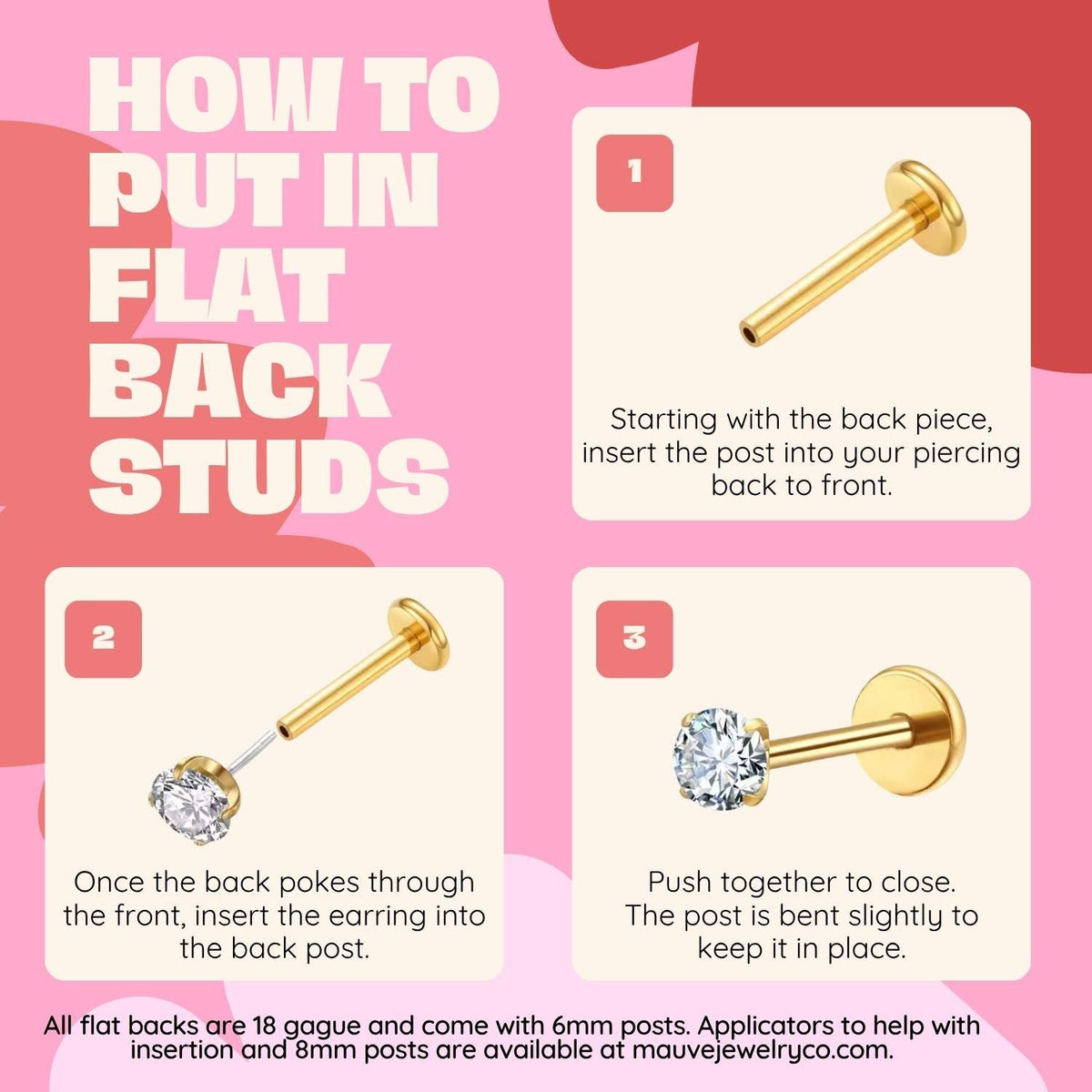 Diagram showing how to insert and secure a flat back stud earring.
