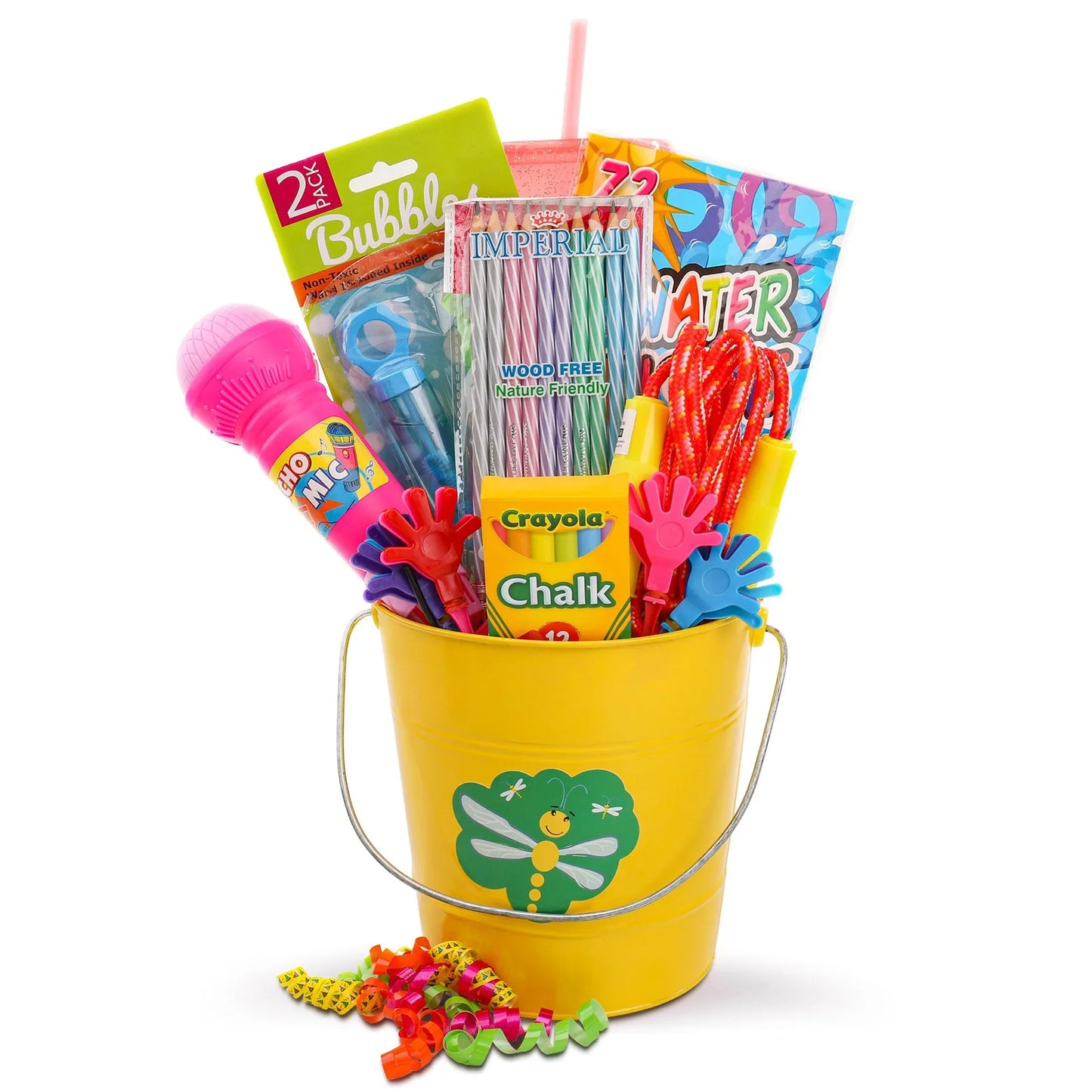 Food Free Jamboree gift pail with crayons, bubbles, markers and chalk
