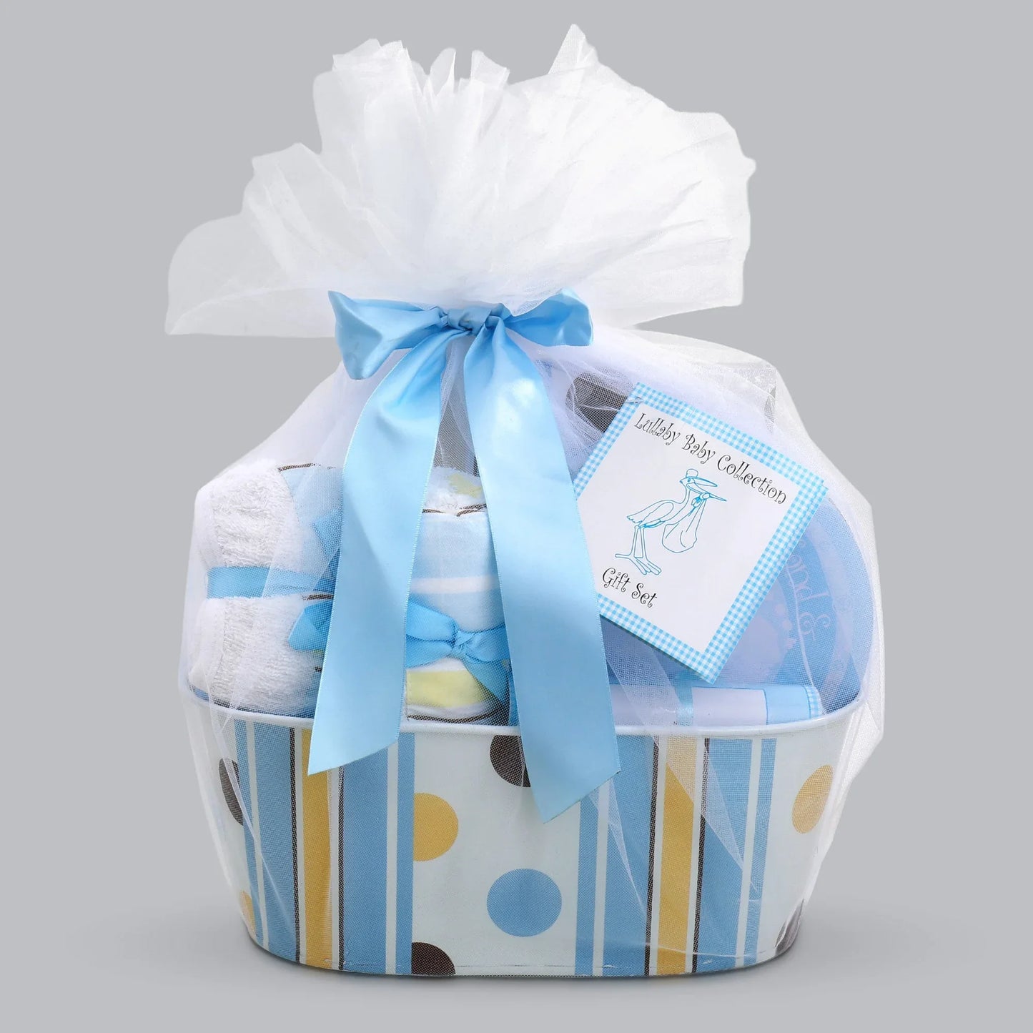 Welcome to the World Boy Basket wrapped with white tulle and blue ribbon, gift set label