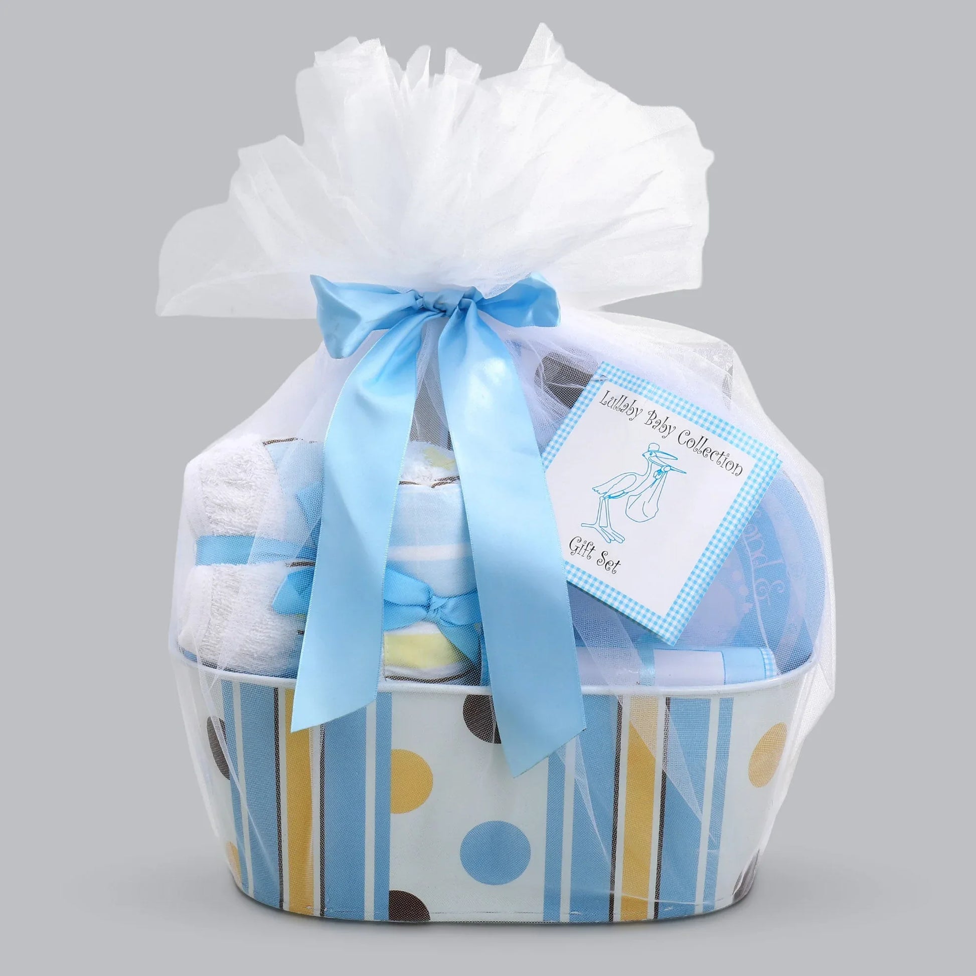 Welcome to the World Boy Basket wrapped with white tulle and blue ribbon, gift set label