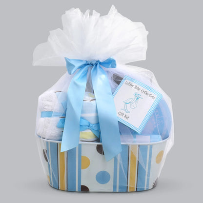 Welcome to the World Boy Basket wrapped with white tulle and blue ribbon, gift set label