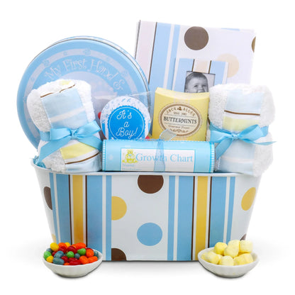 Welcome to the World Boy Basket with blue-striped tote, blanket rolls, growth chart and treats