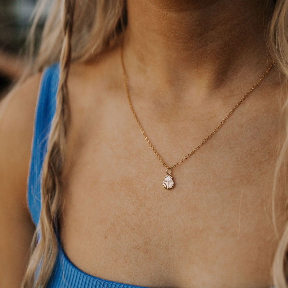Gold chain necklace with a small shell pendant, worn at the neckline