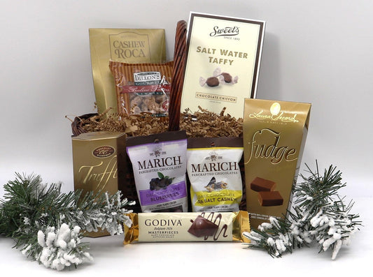 Old Fashioned Christmas gift basket with assorted chocolate bars and truffles