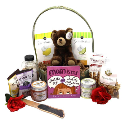 Mother's Day gift basket with plush teddy and assorted sweets in a handled basket