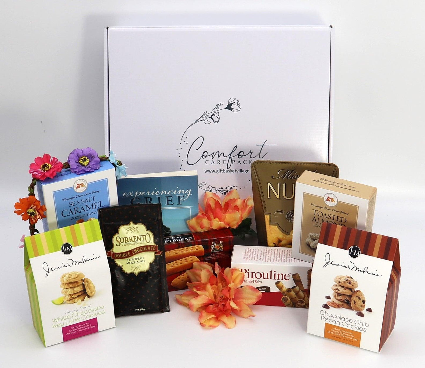 Assorted snack gift box with cookie packs, sea salt caramel, and chocolate treats