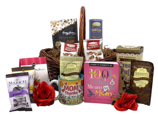 Wicker gift basket with chocolates, cookie packs, a Mom mug, and red roses