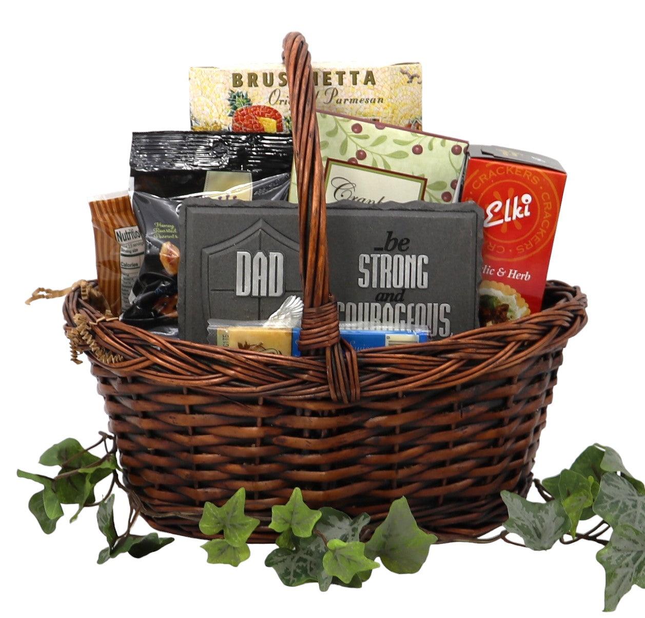 Wicker gift basket with assorted gourmet foods and snack packages