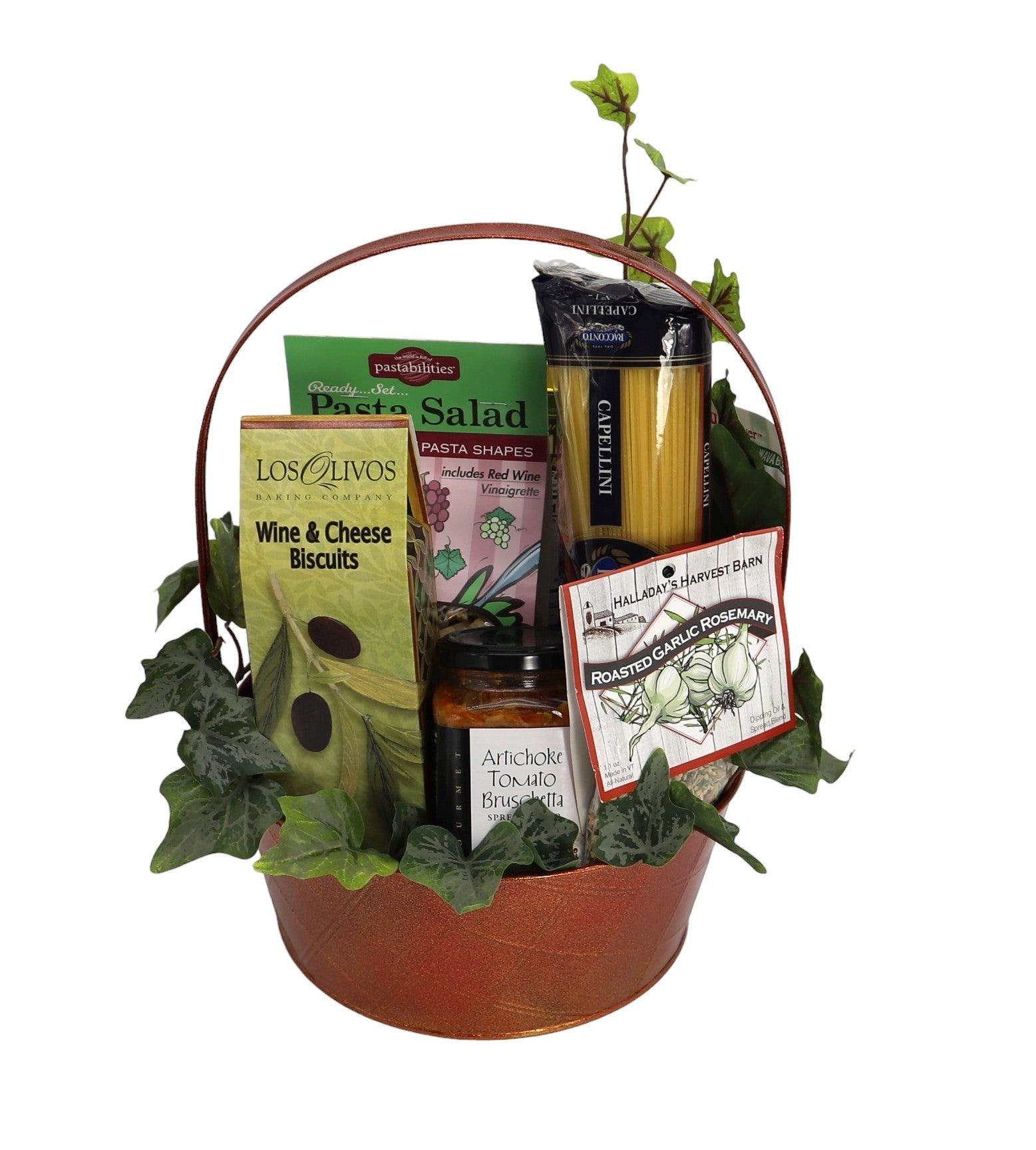 Italian cuisine gift basket with pasta salad, artichoke dip, and wine-and-cheese biscuits