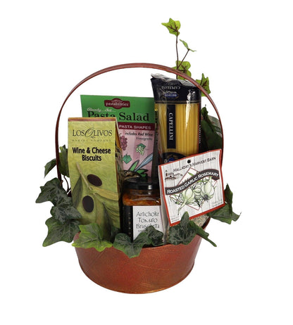 Italian cuisine gift basket with pasta salad, artichoke dip, and wine-and-cheese biscuits