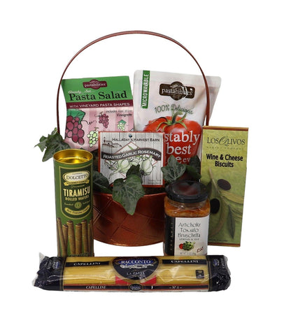Italian cuisine gift basket with pasta salad, biscuits, pasta shapes, sauces, and snacks