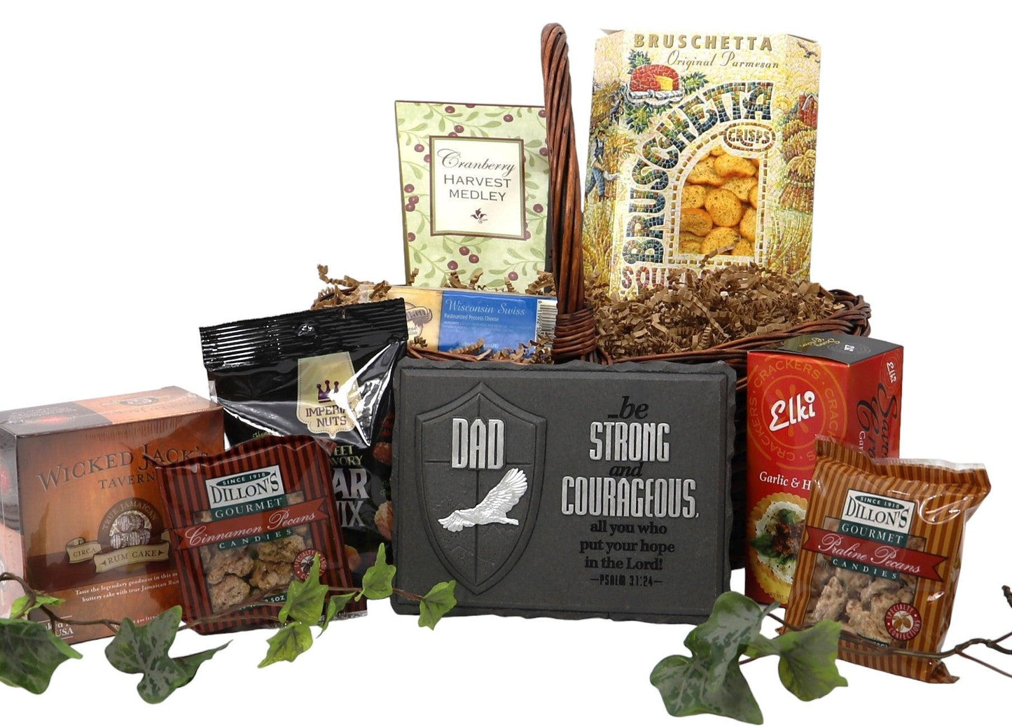 Wicker gift basket filled with assorted gourmet snack packages