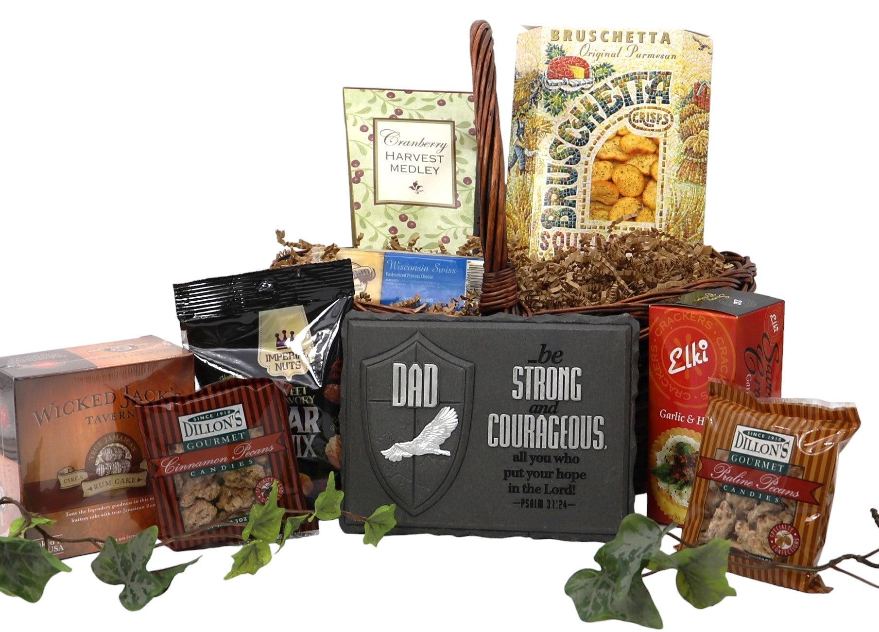 Wicker gift basket filled with assorted gourmet snack packages