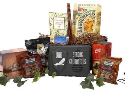 Wicker gift basket filled with assorted gourmet snack packages